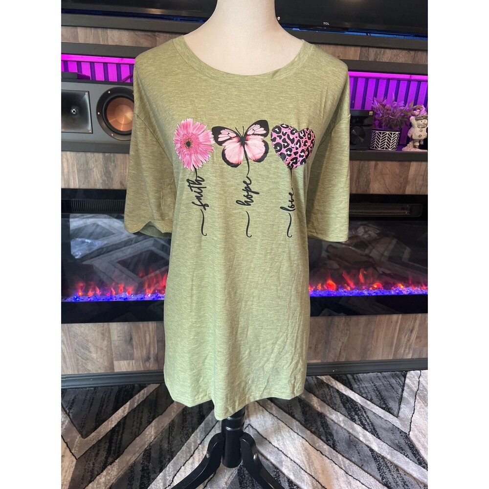 Plus Size 4XL Light Green Graphic Tee with Pink Flower, Butterfly, and Heart